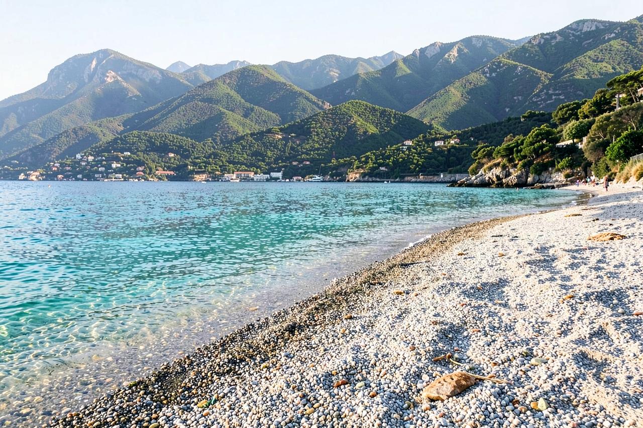The beach at Acharavi with the north Corfu mountains behind